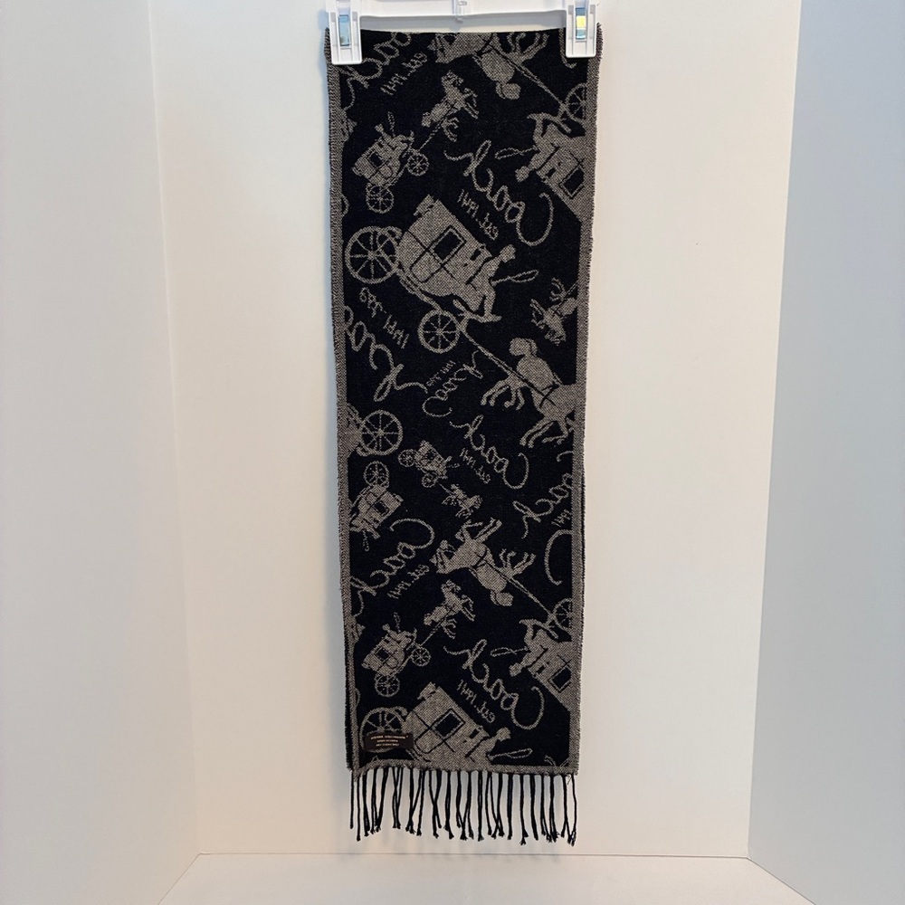Coach Horse & Carriage Motif Black Gray Reversible Wool Cashmere Muffler Scarf - Picture 5 of 8